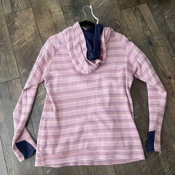 Ampersand Ave Pink Striped Navy Lining Double Hooded Sweatshirt Women's Sz LG - Picture 3 of 6